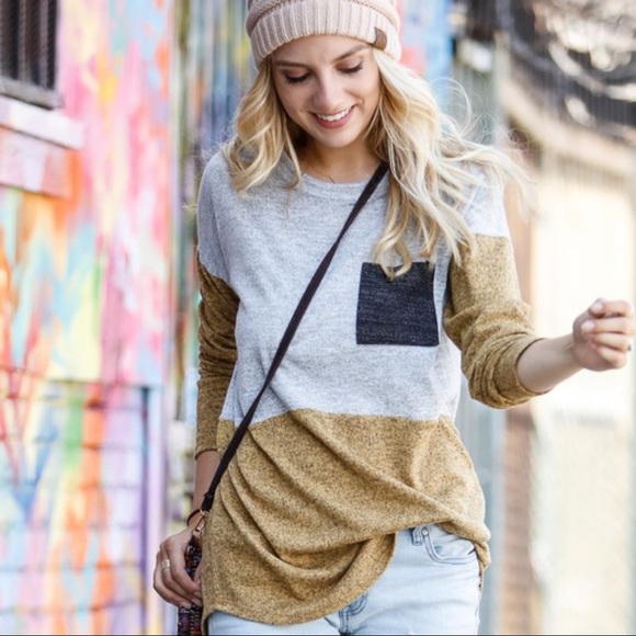 Infinity Raine Tops - RESTOCK✨Long Sleeve Colorblock Tunic-mustard/gray
